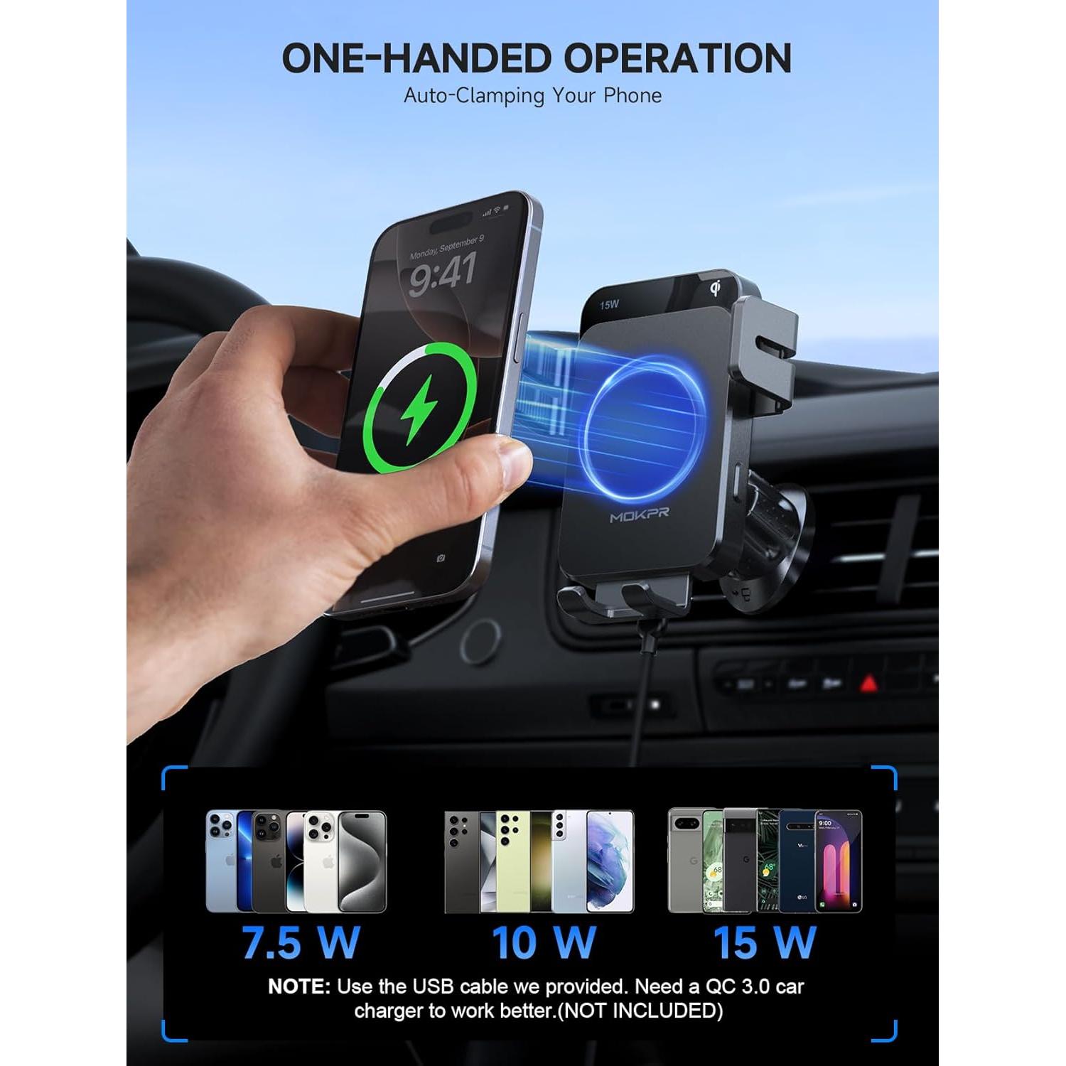 Cargador Inalámbrico para Auto MOKPR 15W con Soporte Automático