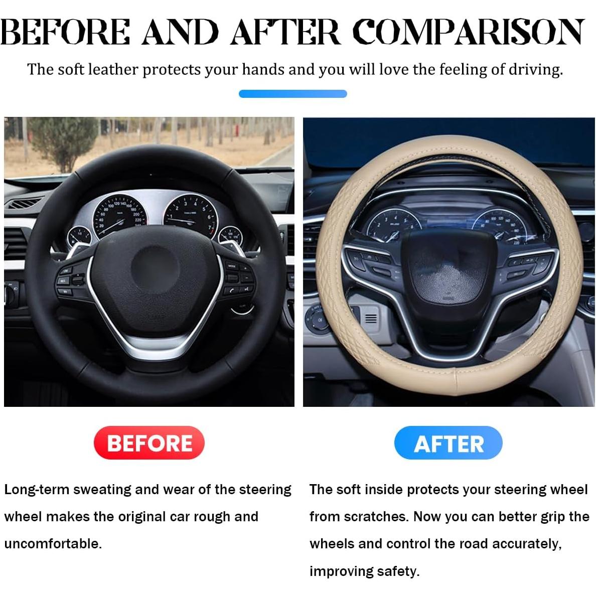 Funda de Volante AUCELI Beige 38 cm Antideslizante de Cuero