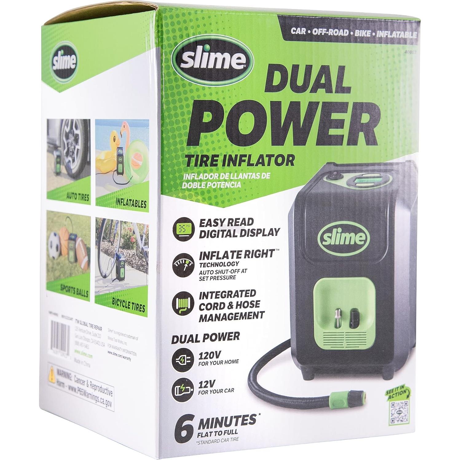 Inflador de Neumáticos Slime 40052, Portátil 12V/120V, 99 psi