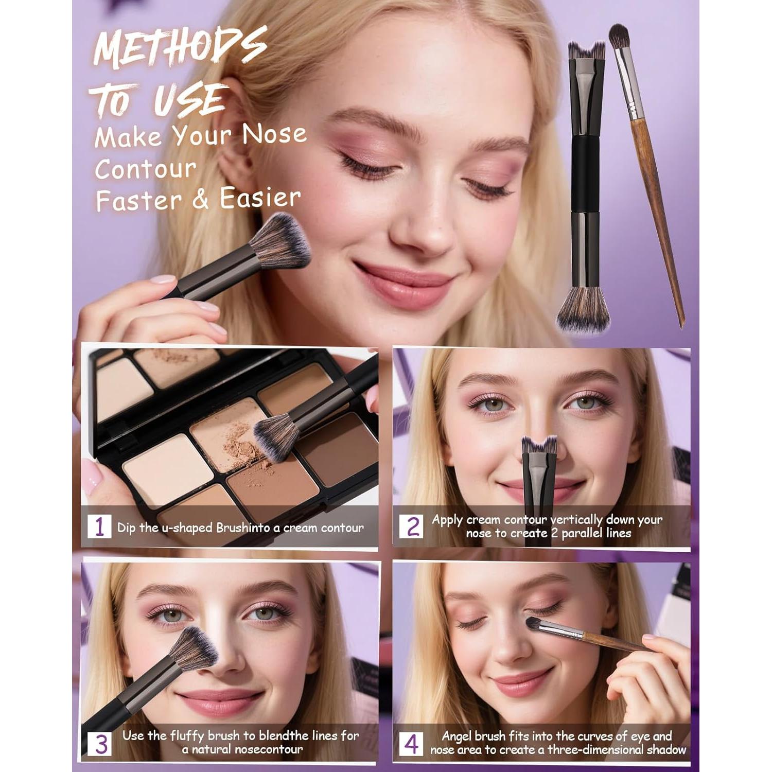 Nose Contour Brush, 2-In-1 U-Shaped,Blush Brush, Eyebrow & Eye Shadow Brush,For Full Face Makeup Beginners,Nose Contour,Blush Brush for Cheeks,Eyeshadow Brushes