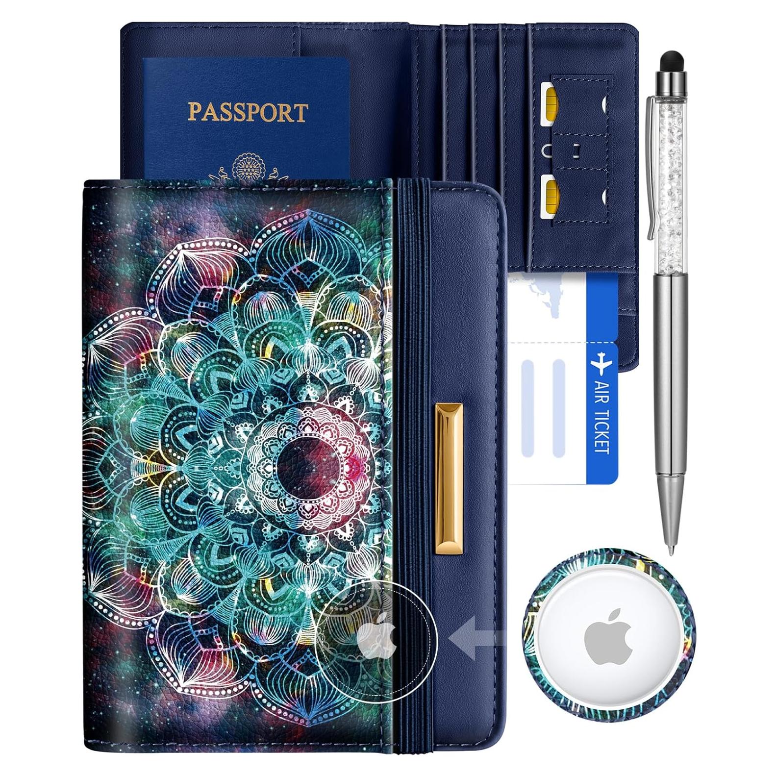 Funda de Pasaporte Slohif Datura para Adultos - Cuero RFID Azul Floral