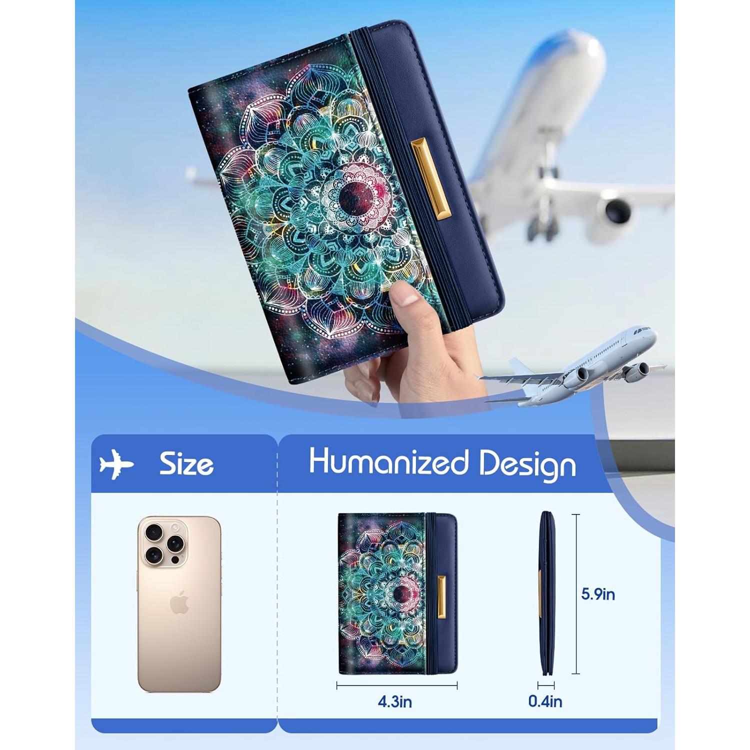 Funda de Pasaporte Slohif Datura para Adultos - Cuero RFID Azul Floral