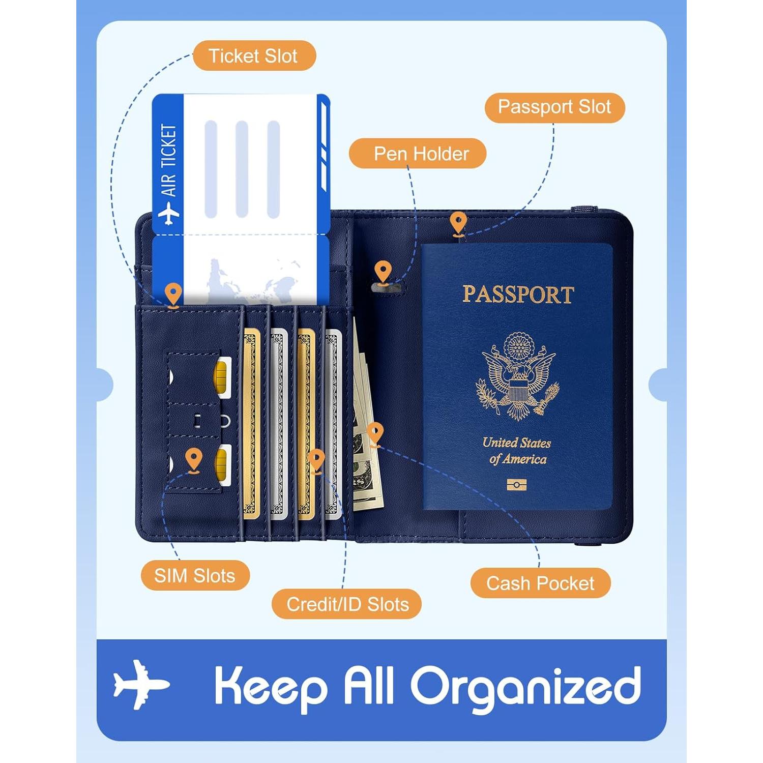 Funda de Pasaporte Slohif Datura para Adultos - Cuero RFID Azul Floral