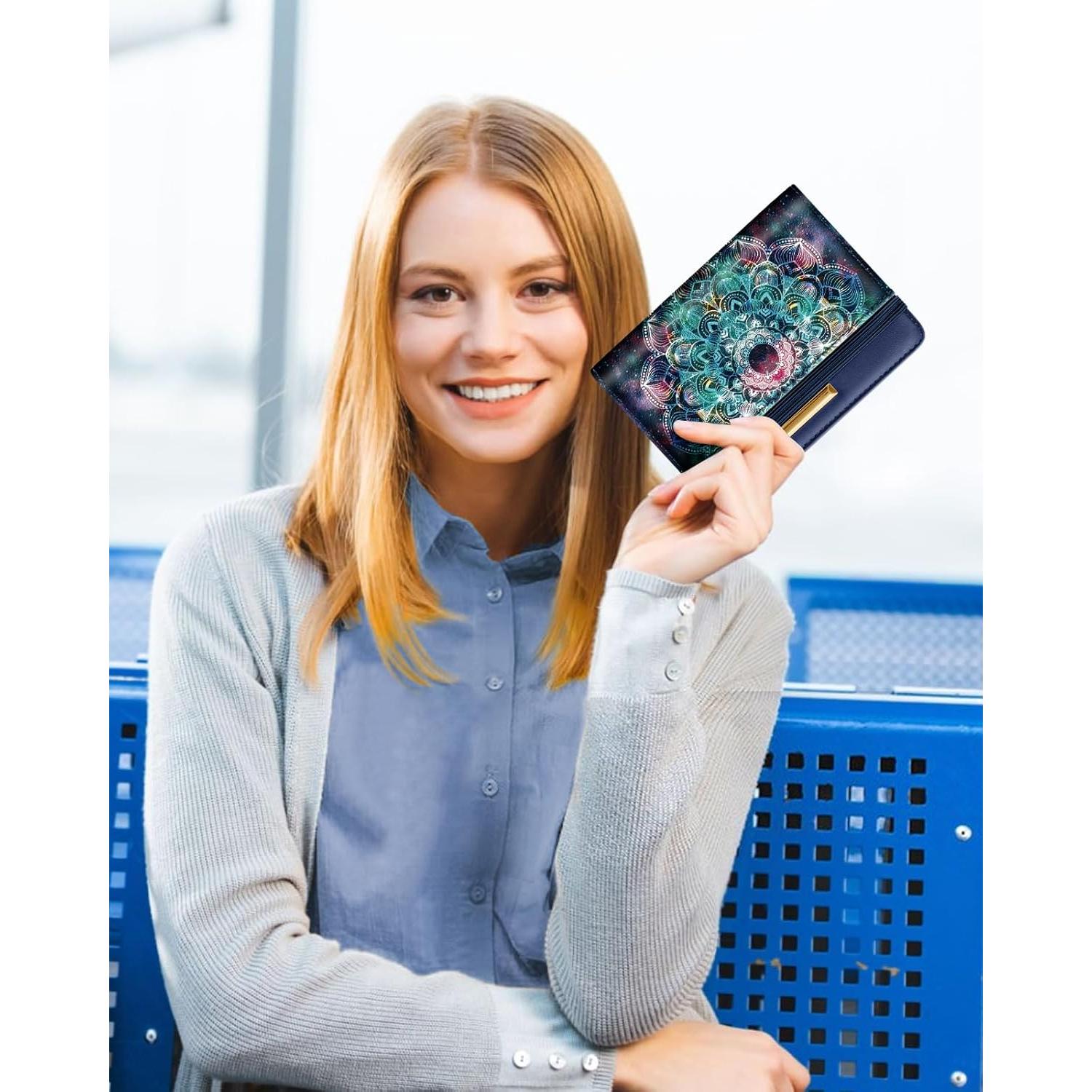 Funda de Pasaporte Slohif Datura para Adultos - Cuero RFID Azul Floral