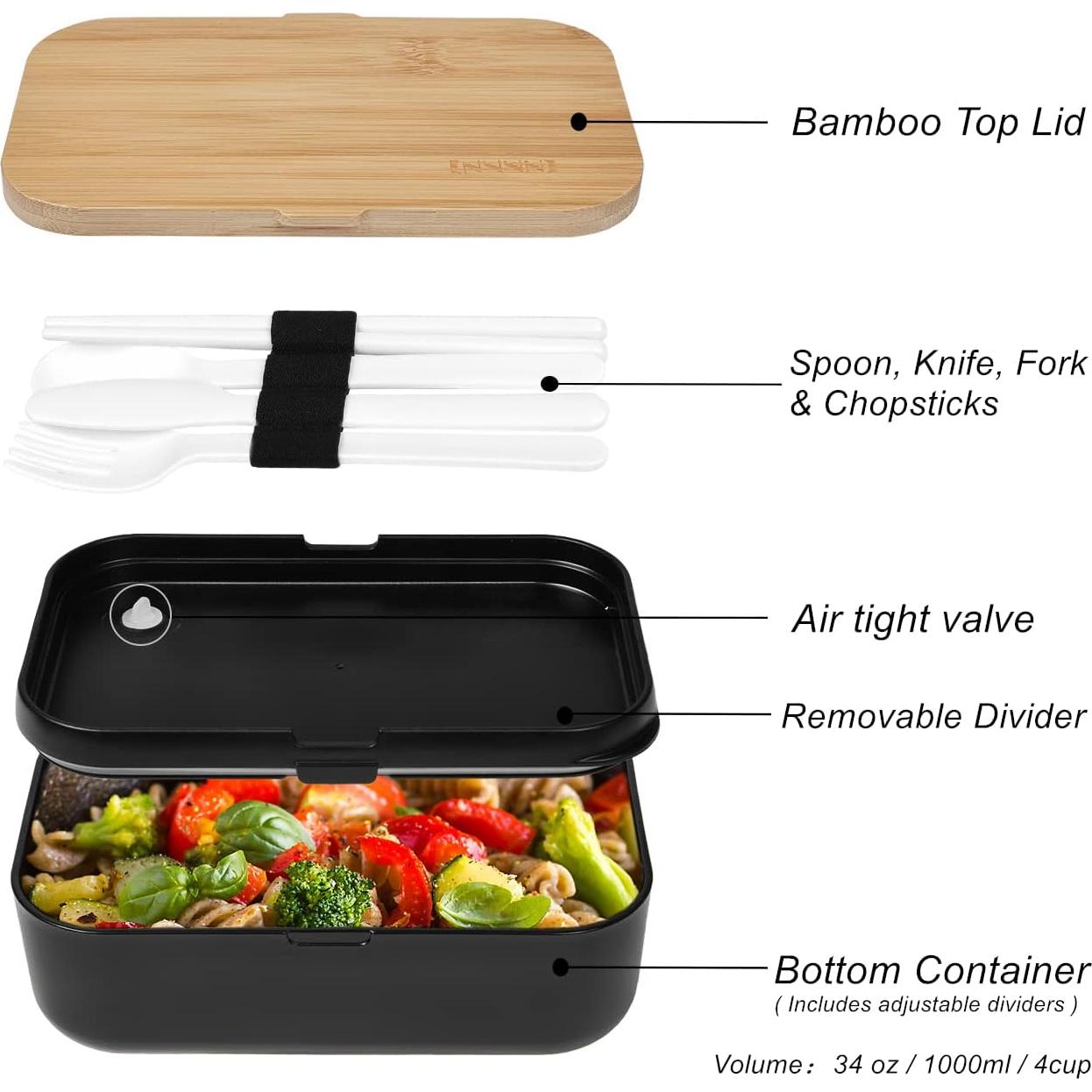 Caja de Almuerzo Bento INVVNI 1.01L con Tapa de Bambú - A Prueba de Fugas