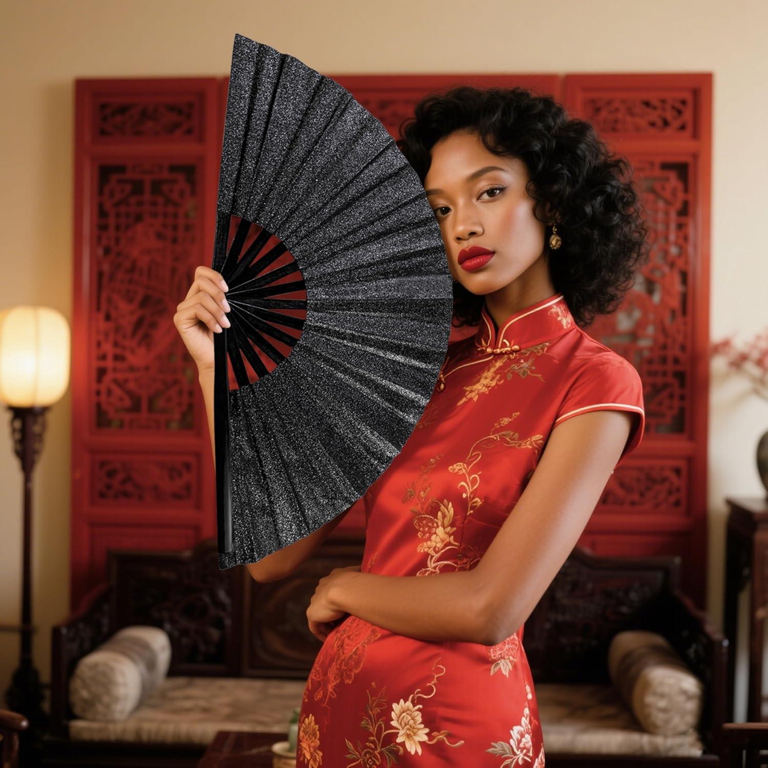 Abanico Plegable Grande TUZOKNI Negro Brillante 33.5cm