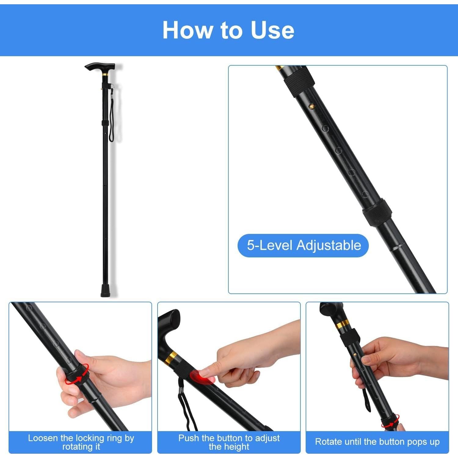 Bastón Plegable Supregear Ajustable 83.8-94 cm Ligero Negro