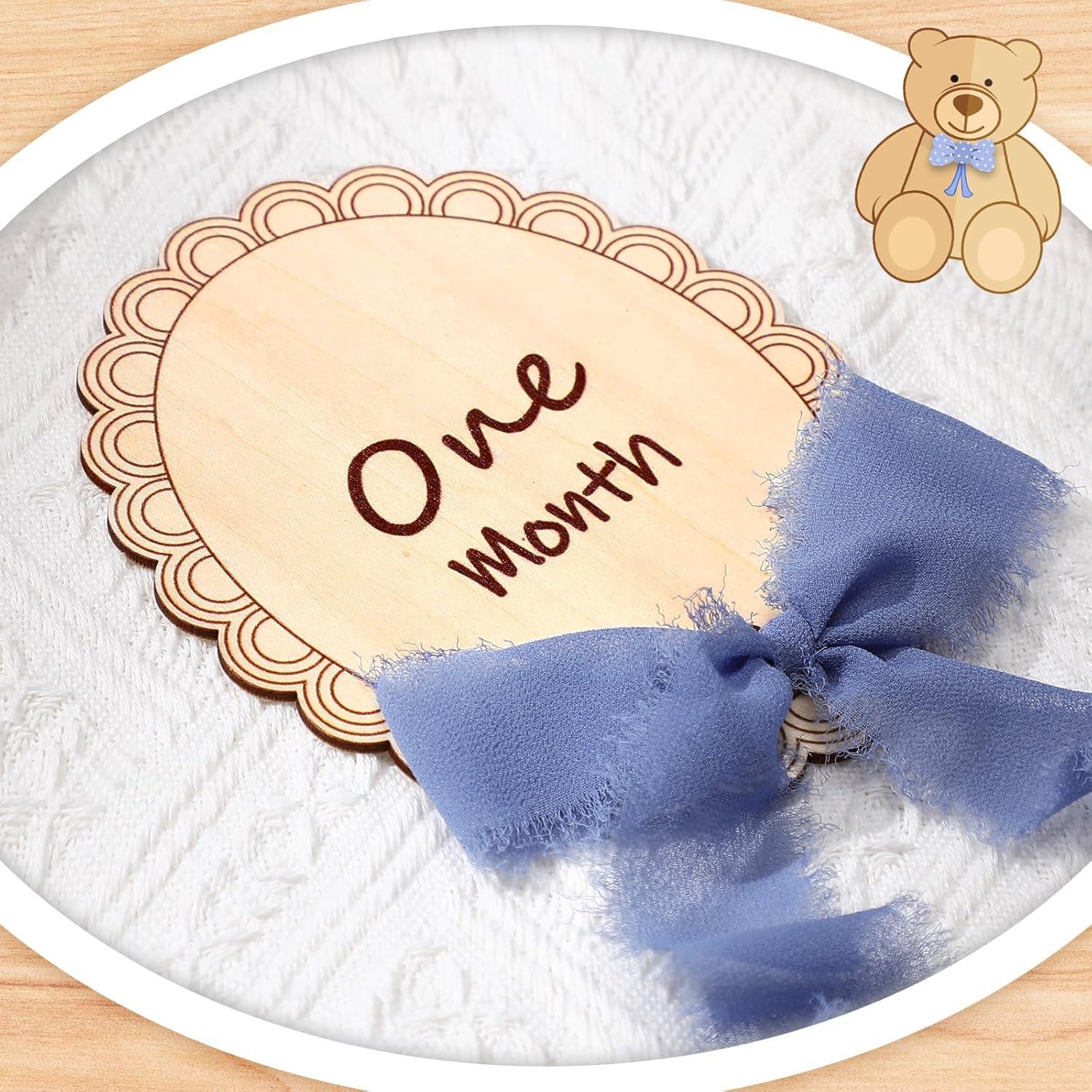 14 Discos de Madera Mensuales para Bebés con Cinta Azul