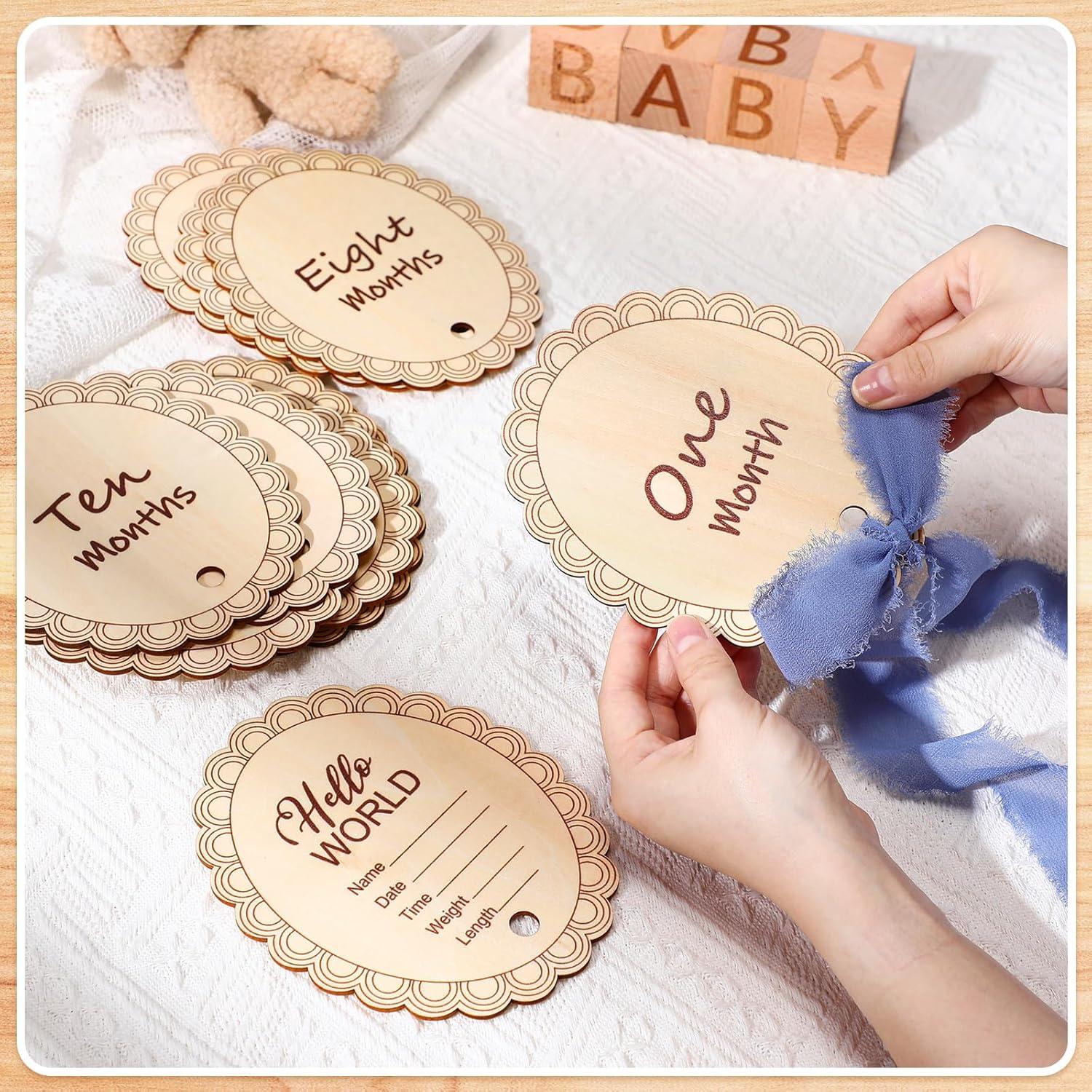 14 Discos de Madera Mensuales para Bebés con Cinta Azul