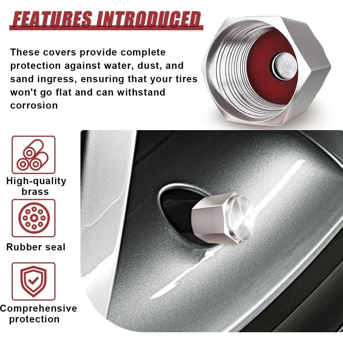 Car Tire Valve Cap, Hexagon Shape Brass Tire Stem Valve Dust Cover with Rubber O-Ring, Corrosion Resistant Leak-Proof Tire Air Caps, Universal Tires Accessories for Most Cars (8PCS)