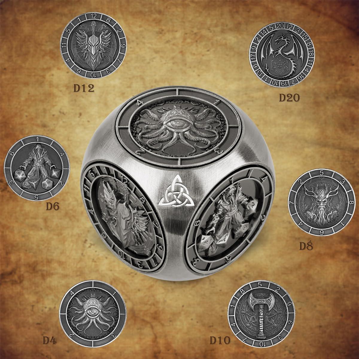 Set de Dados Giratorios DND Metálicos 7-en-1 con Caja Regalo