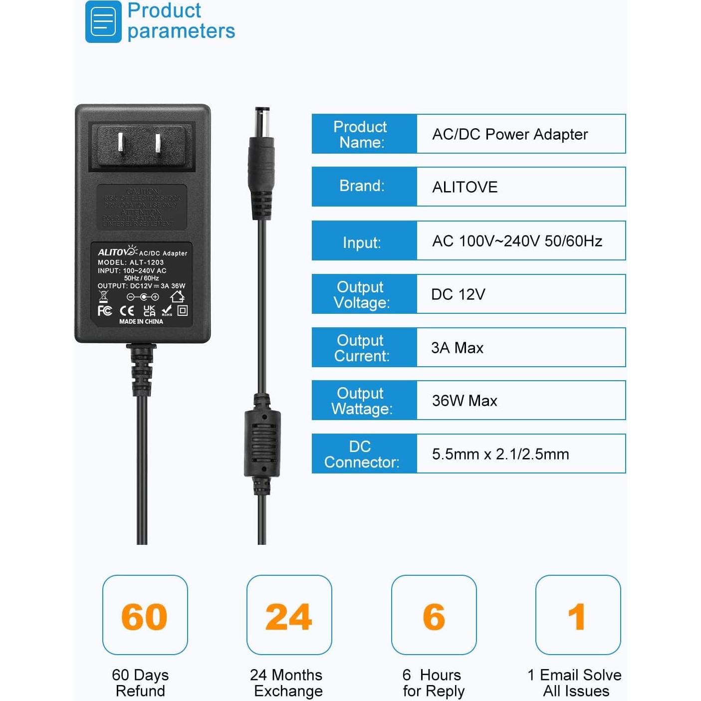 ALITOVE Adaptador AC/DC 12V 3A 36W 2-Pack para Dispositivos