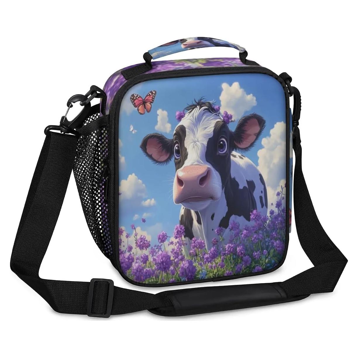 Cow Kid Lunch Bag for Girls Boys Cute Insulated Lunch Box Portable Meal Cooler with Adjustable Shoulder Strap & Water Bottle Holder for School Work Travel Beach Picnic