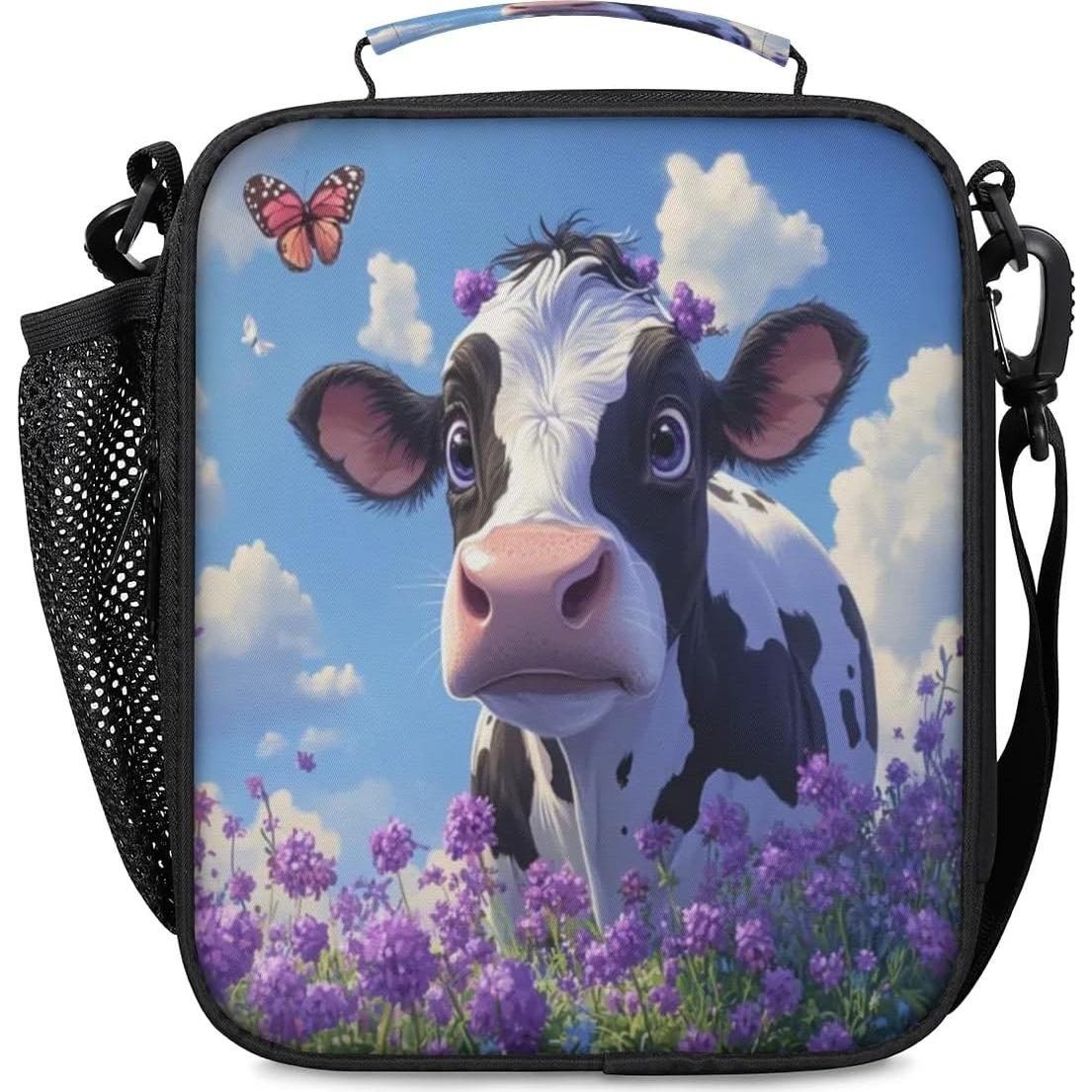 Cow Kid Lunch Bag for Girls Boys Cute Insulated Lunch Box Portable Meal Cooler with Adjustable Shoulder Strap & Water Bottle Holder for School Work Travel Beach Picnic