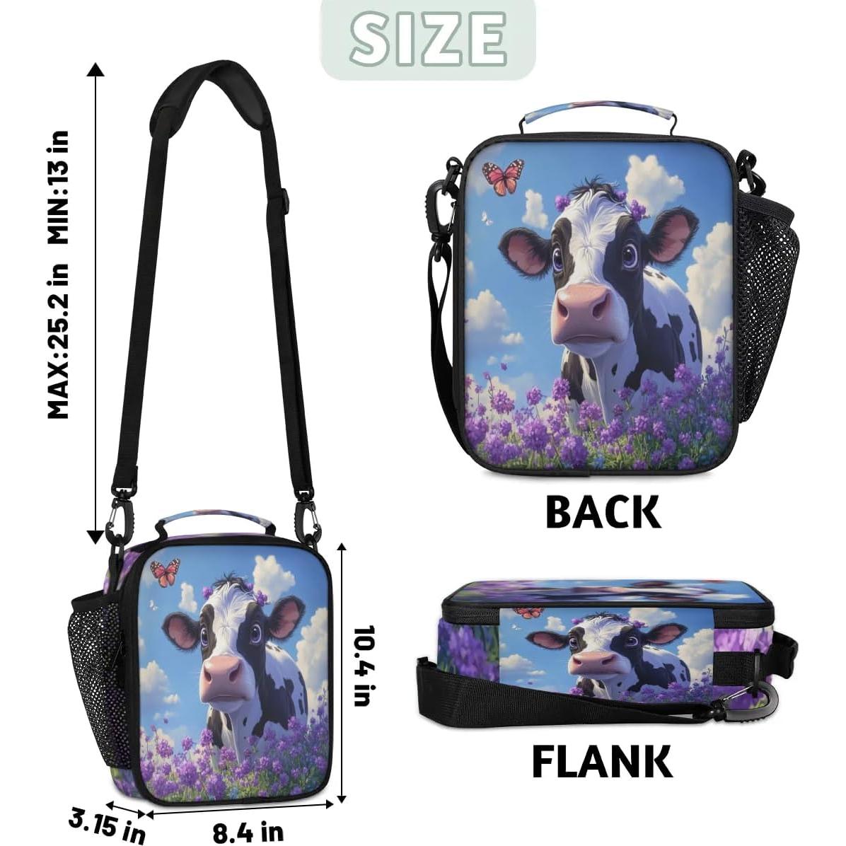 Cow Kid Lunch Bag for Girls Boys Cute Insulated Lunch Box Portable Meal Cooler with Adjustable Shoulder Strap & Water Bottle Holder for School Work Travel Beach Picnic