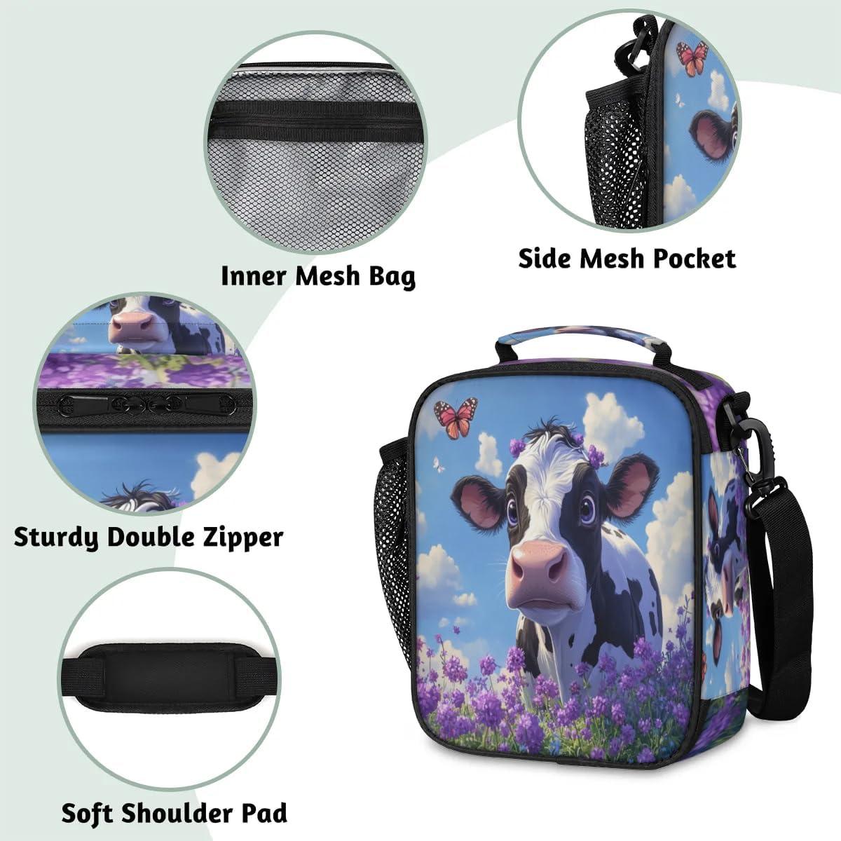 Cow Kid Lunch Bag for Girls Boys Cute Insulated Lunch Box Portable Meal Cooler with Adjustable Shoulder Strap & Water Bottle Holder for School Work Travel Beach Picnic