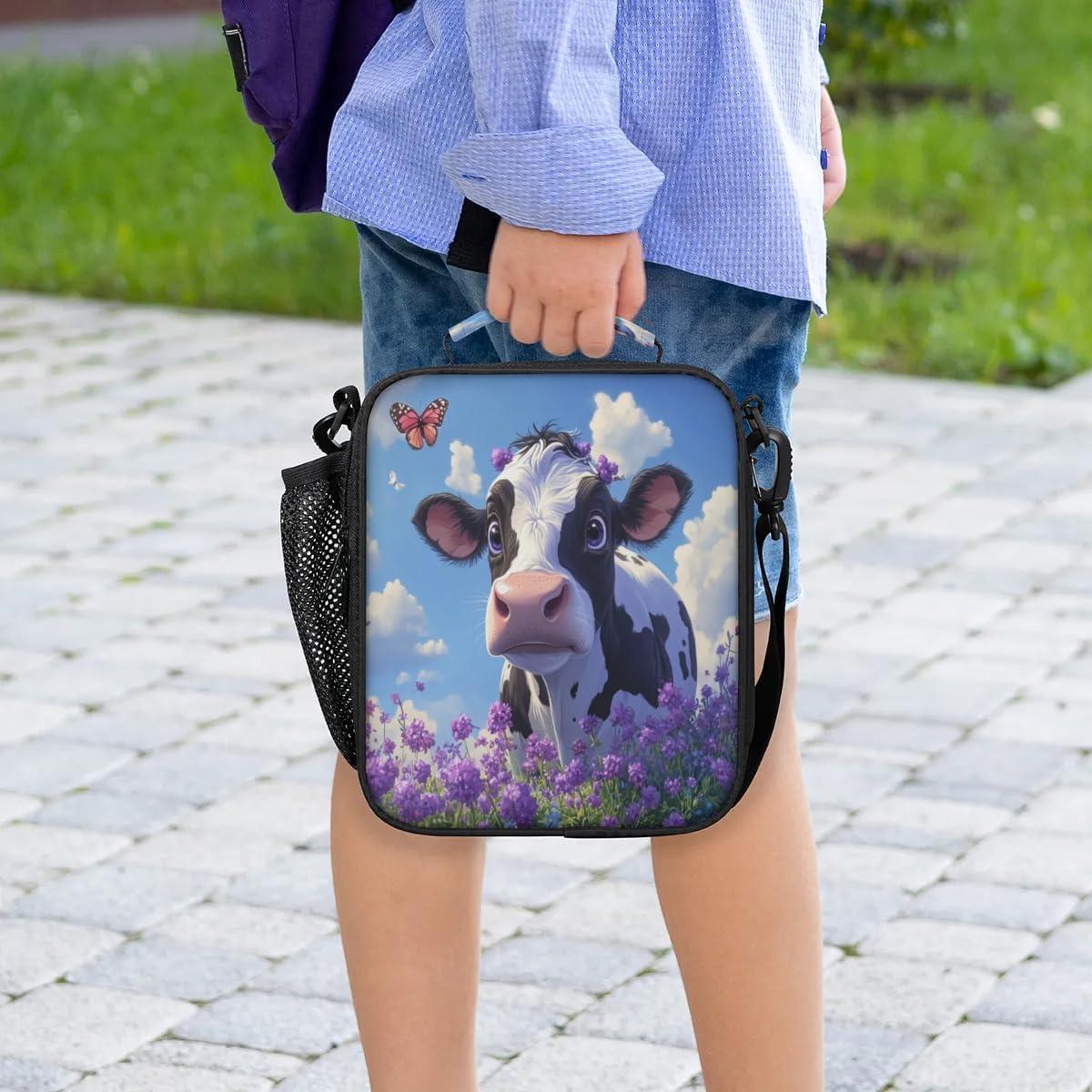 Cow Kid Lunch Bag for Girls Boys Cute Insulated Lunch Box Portable Meal Cooler with Adjustable Shoulder Strap & Water Bottle Holder for School Work Travel Beach Picnic