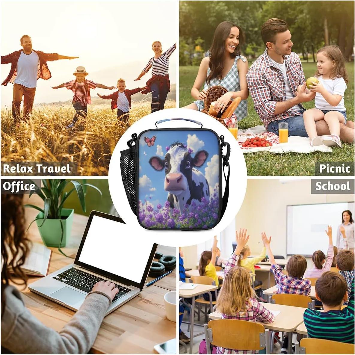 Cow Kid Lunch Bag for Girls Boys Cute Insulated Lunch Box Portable Meal Cooler with Adjustable Shoulder Strap & Water Bottle Holder for School Work Travel Beach Picnic