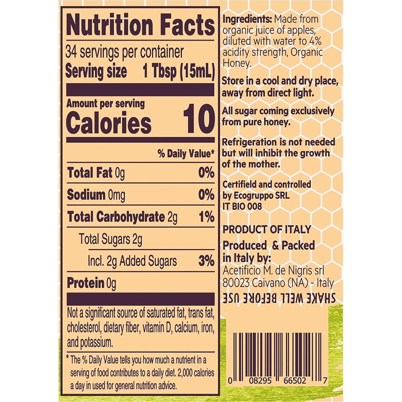 Vinagre de Sidra de Manzana Orgánico De Nigris con Miel 500 ml x2