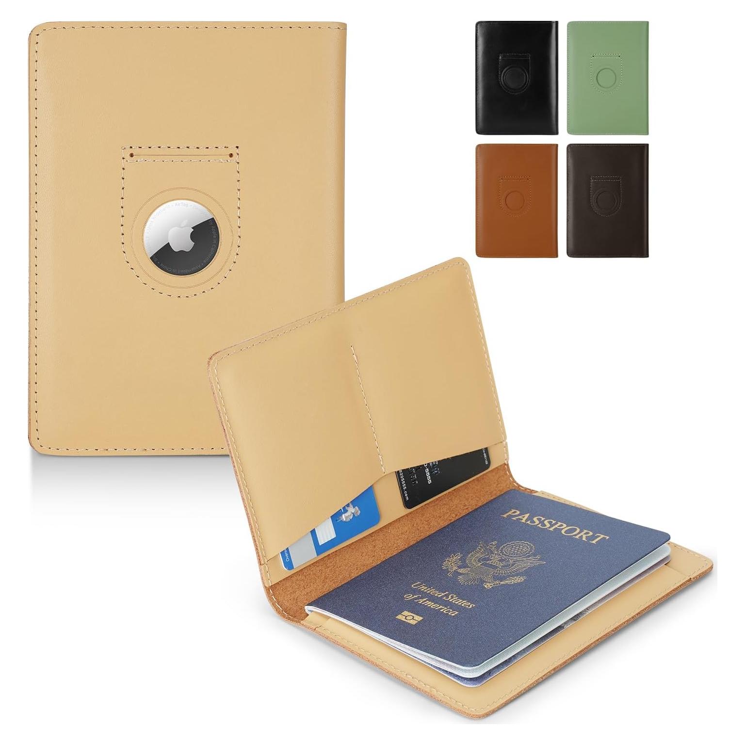 Funda de Pasaporte de Cuero Kicoroiny Beige con Ranura para AirTag