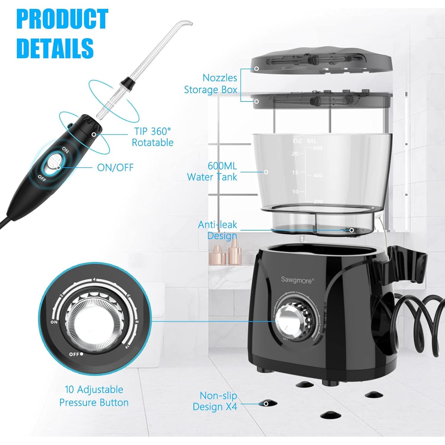 Hilo Dental de Agua Sawgmore FC166, 600 ml, 10 Modos, Negro