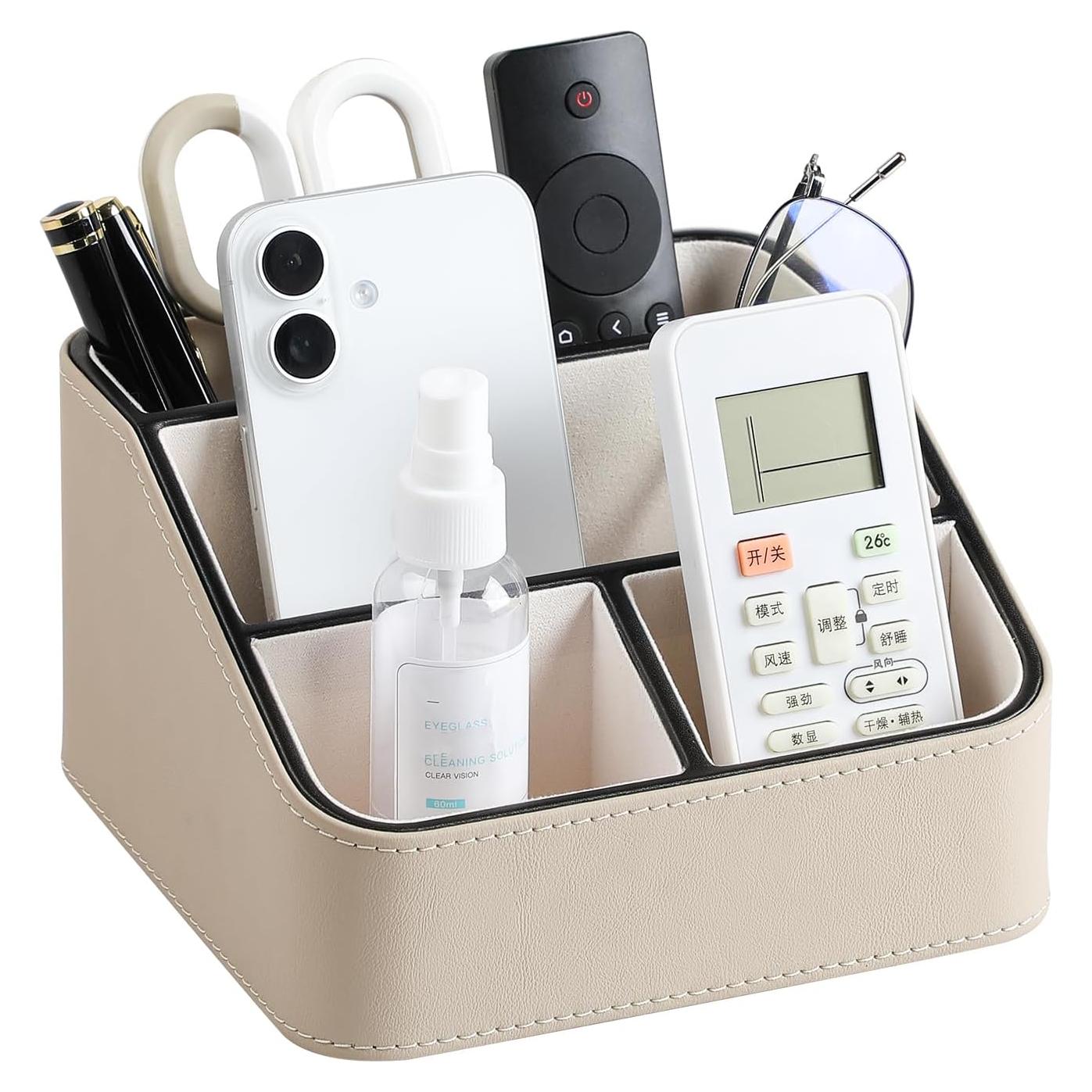 Remote Control Holder, PU Leather Small Desk Organizer for Men Women Nightstand Bedside Table Organizer Remote Caddy with Rounded Edges Design (Beige)