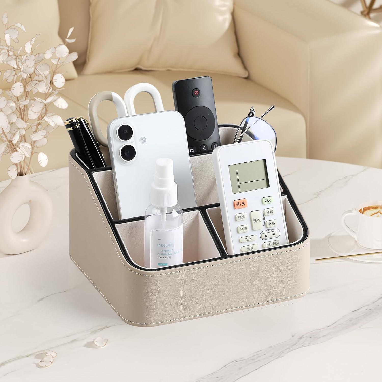 Remote Control Holder, PU Leather Small Desk Organizer for Men Women Nightstand Bedside Table Organizer Remote Caddy with Rounded Edges Design (Beige)