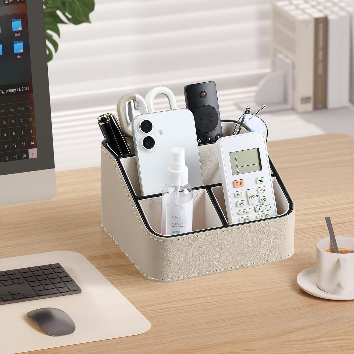 Remote Control Holder, PU Leather Small Desk Organizer for Men Women Nightstand Bedside Table Organizer Remote Caddy with Rounded Edges Design (Beige)
