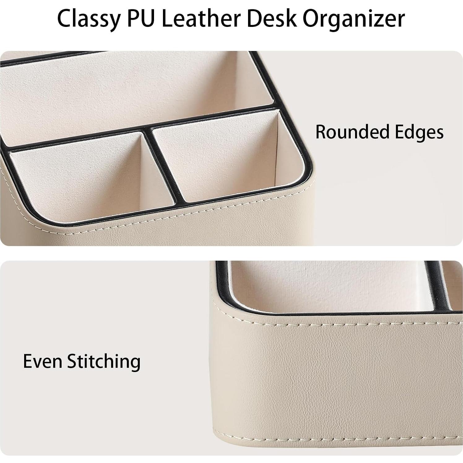 Remote Control Holder, PU Leather Small Desk Organizer for Men Women Nightstand Bedside Table Organizer Remote Caddy with Rounded Edges Design (Beige)