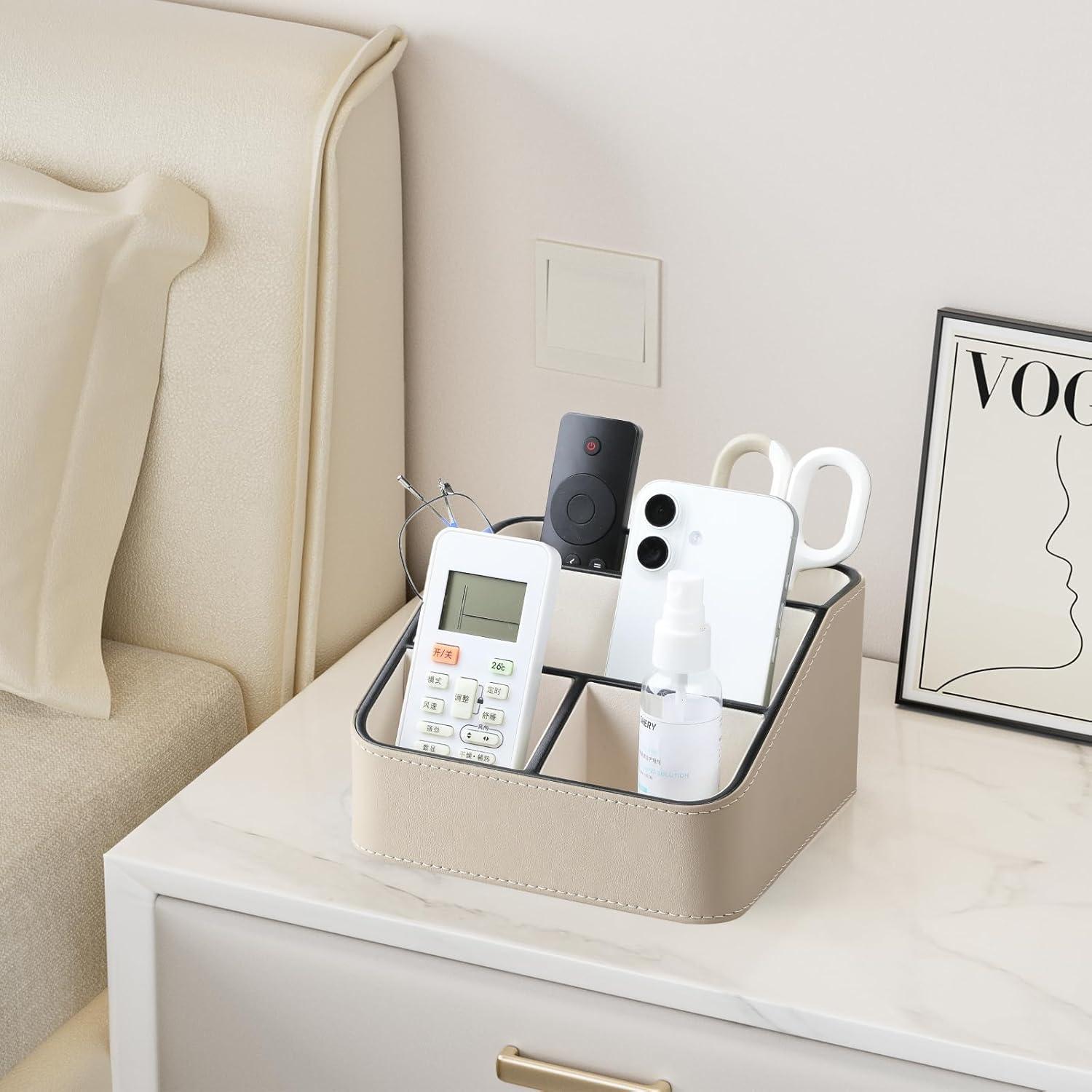 Remote Control Holder, PU Leather Small Desk Organizer for Men Women Nightstand Bedside Table Organizer Remote Caddy with Rounded Edges Design (Beige)