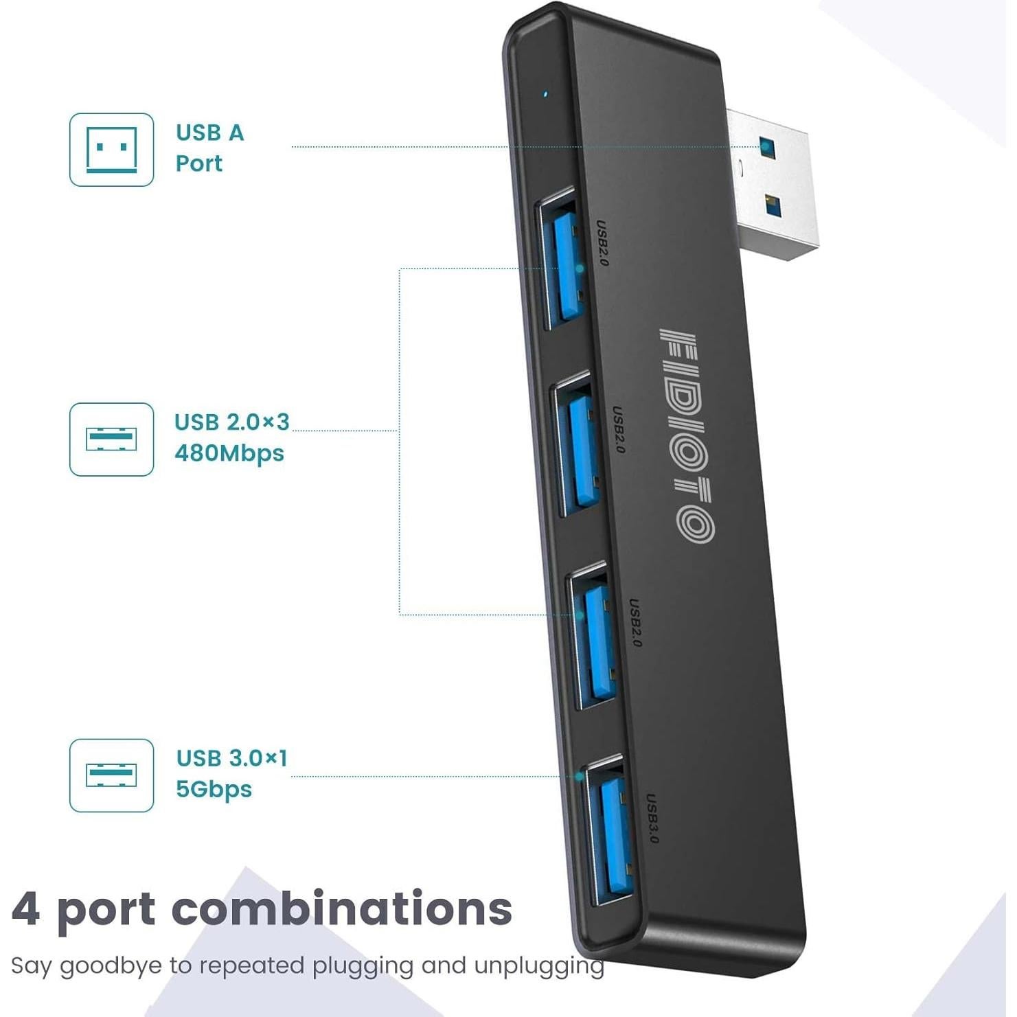 Hub USB 4 Puertos Fidioto 1x3.0 3x2.0 Negro 2Pack