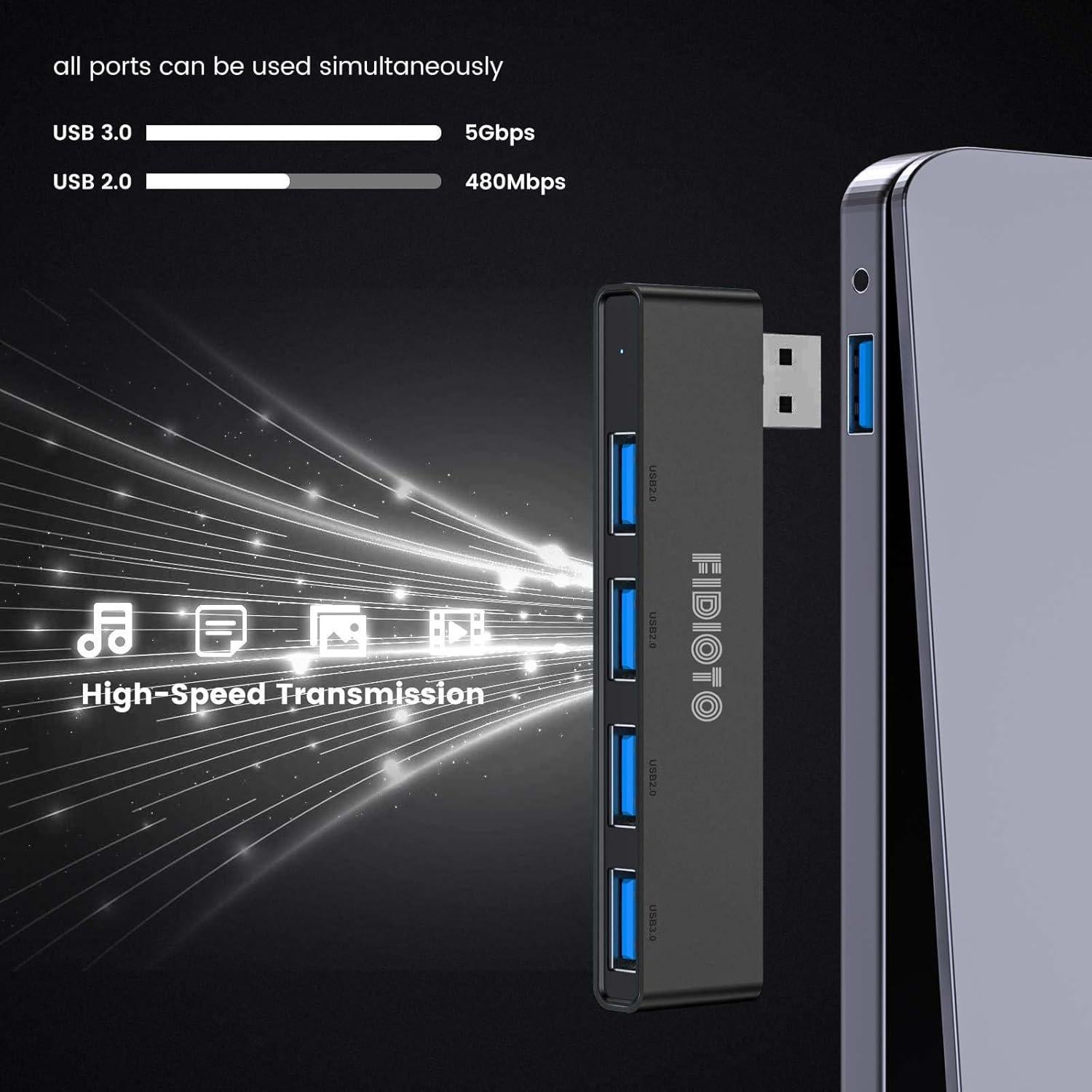 Hub USB 4 Puertos Fidioto 1x3.0 3x2.0 Negro 2Pack