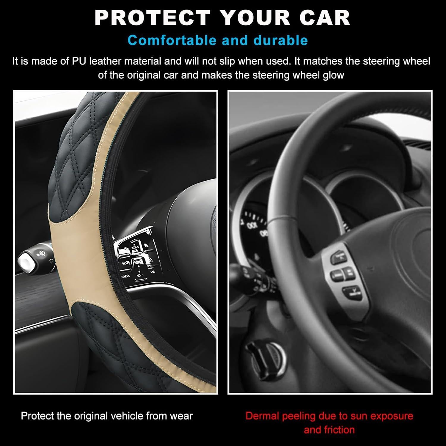 Cubierta de Volante de Coche Povtii 38.1 cm Beige Antideslizante