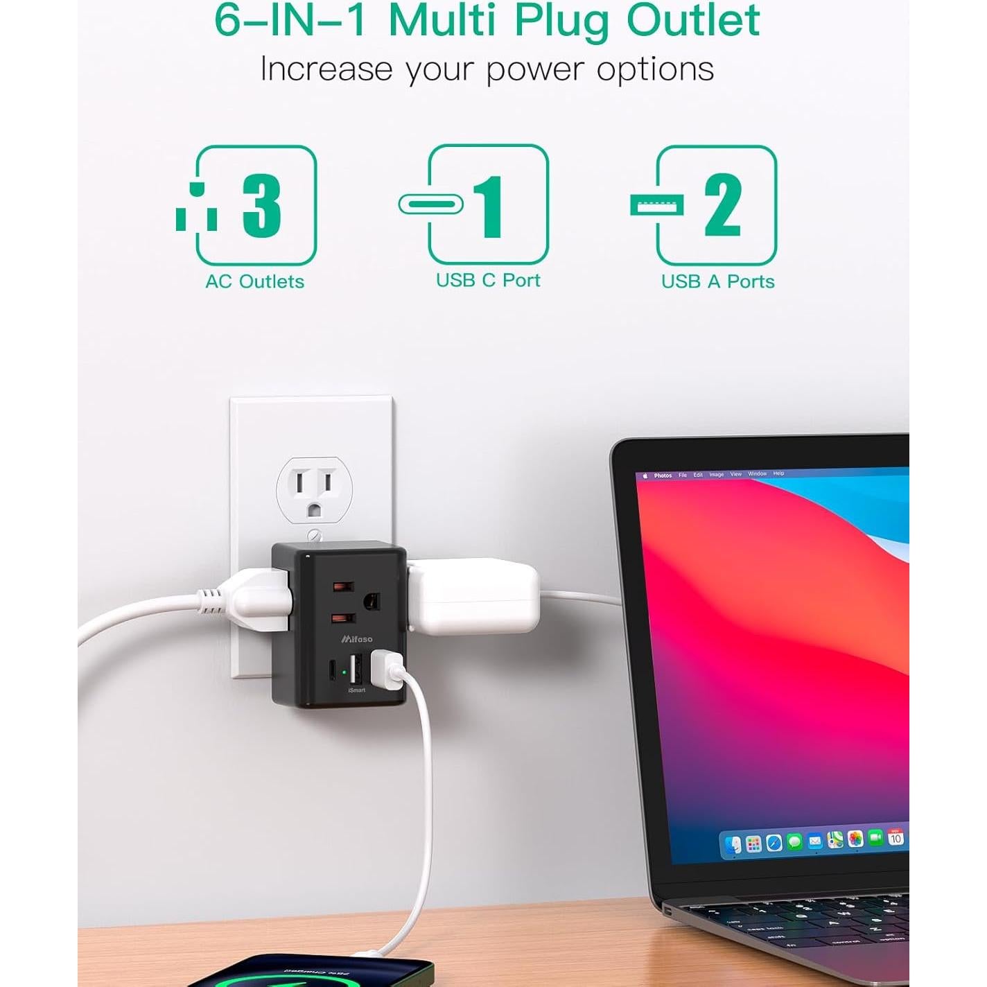 Extensor de Enchufe Múltiple MIFASOPOWER 3 Puertos USB Carga Rápida
