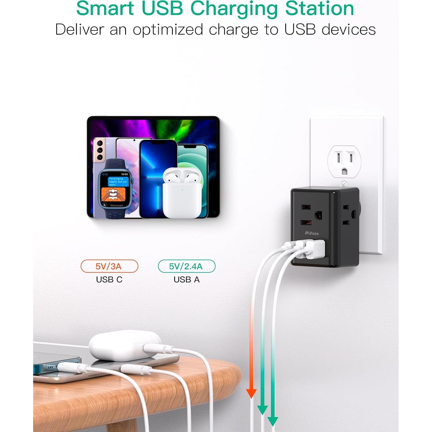 Extensor de Enchufe Múltiple MIFASOPOWER 3 Puertos USB Carga Rápida