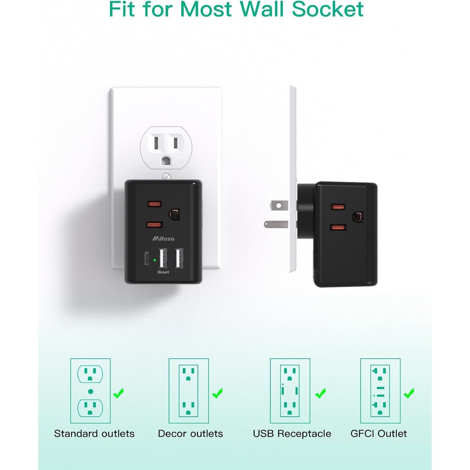 Extensor de Enchufe Múltiple MIFASOPOWER 3 Puertos USB Carga Rápida