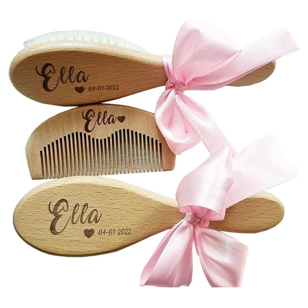 Set 3 Piezas Cepillo y Peine de Madera Personalizado Bebé