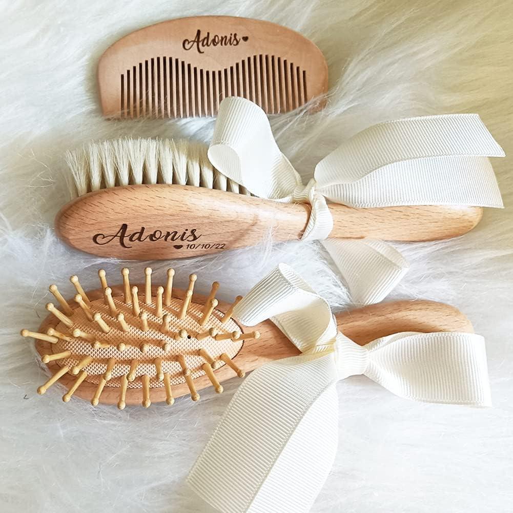 Set 3 Piezas Cepillo y Peine de Madera Personalizado Bebé