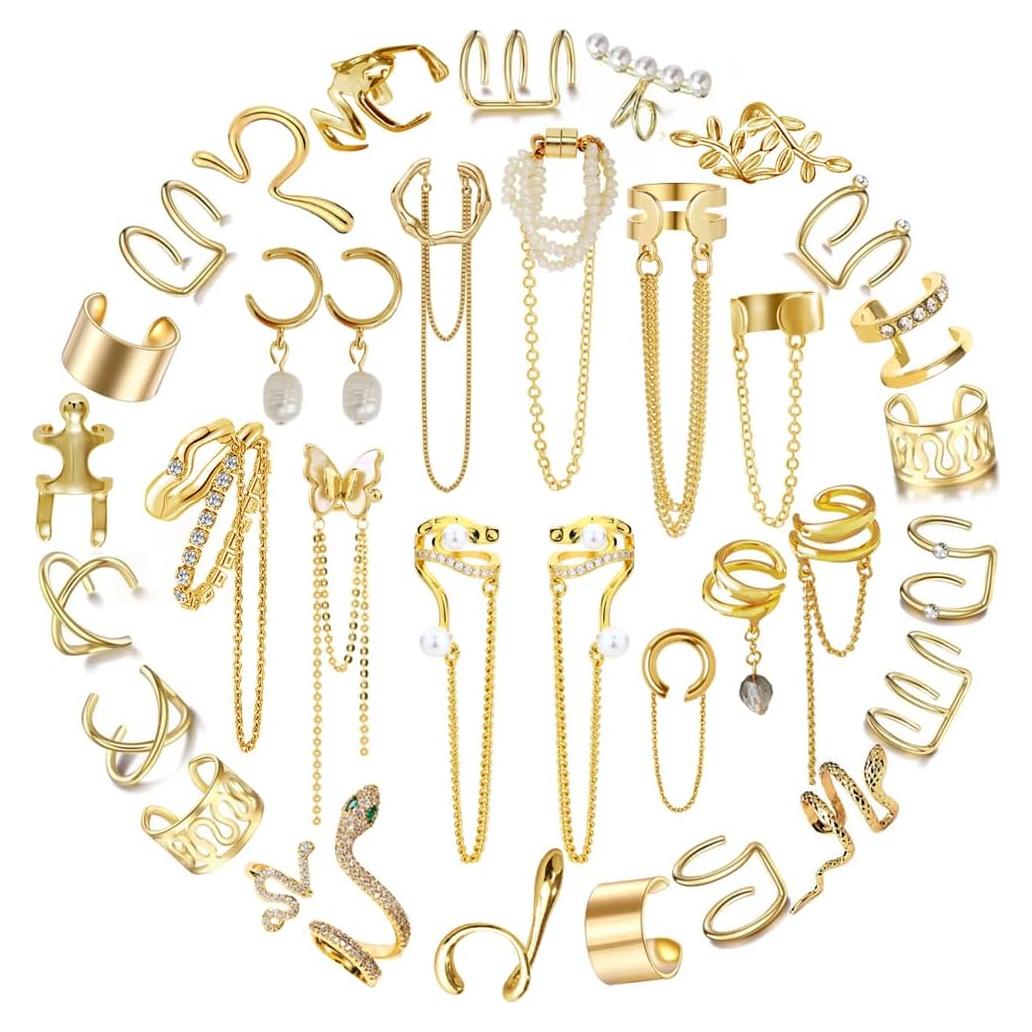 Set 35 Pendientes de Clip Ajustables Oro y Plata para Mujeres