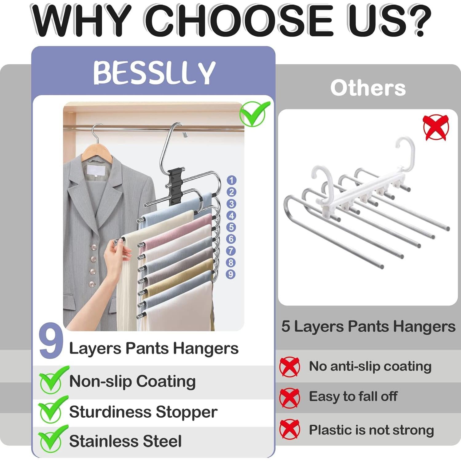 Perchas para Pantalones Besslly 9 Capas Antideslizantes 2 Pcs