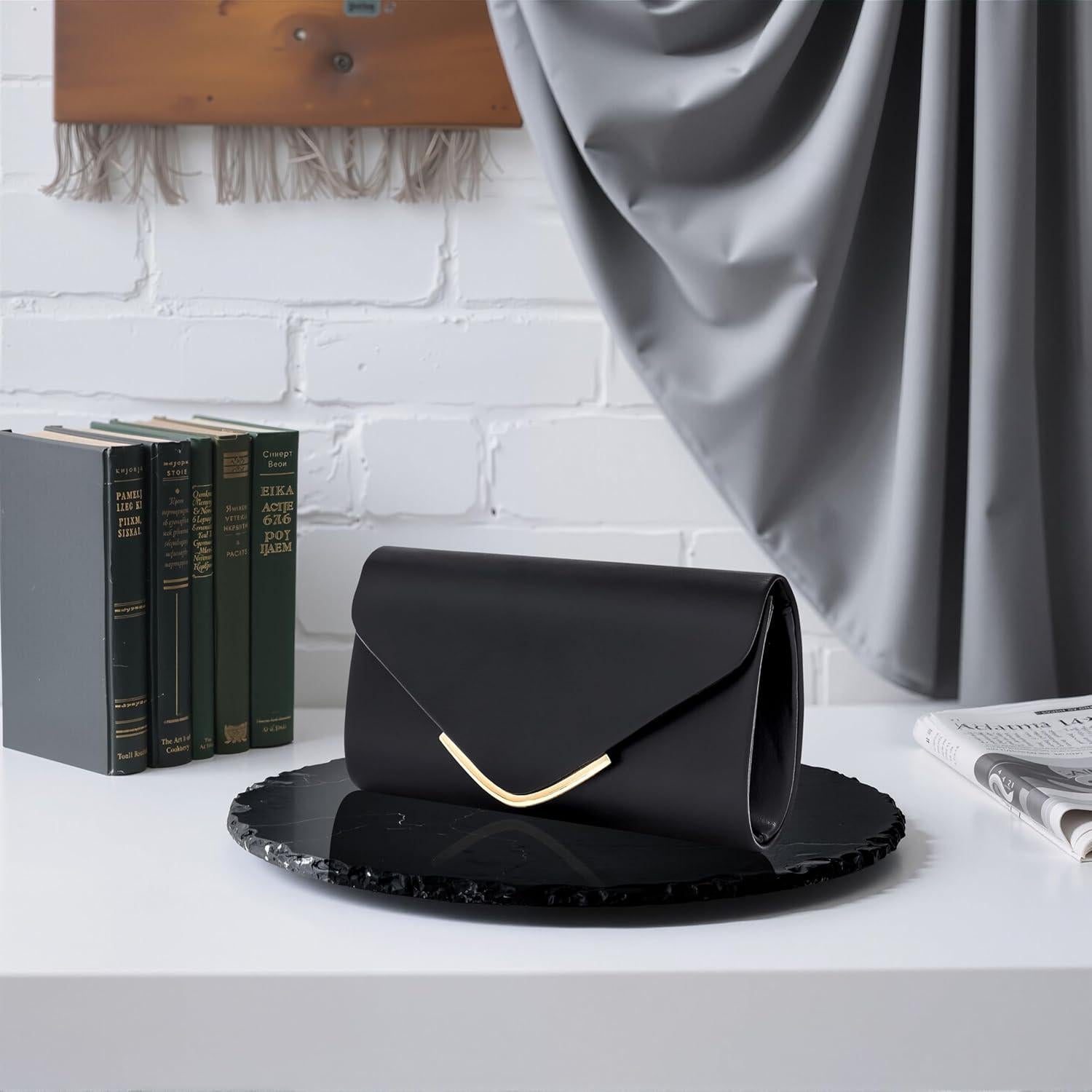 Bolso Clutch de Cuero Vegano Larcenciel Negro 22x12cm