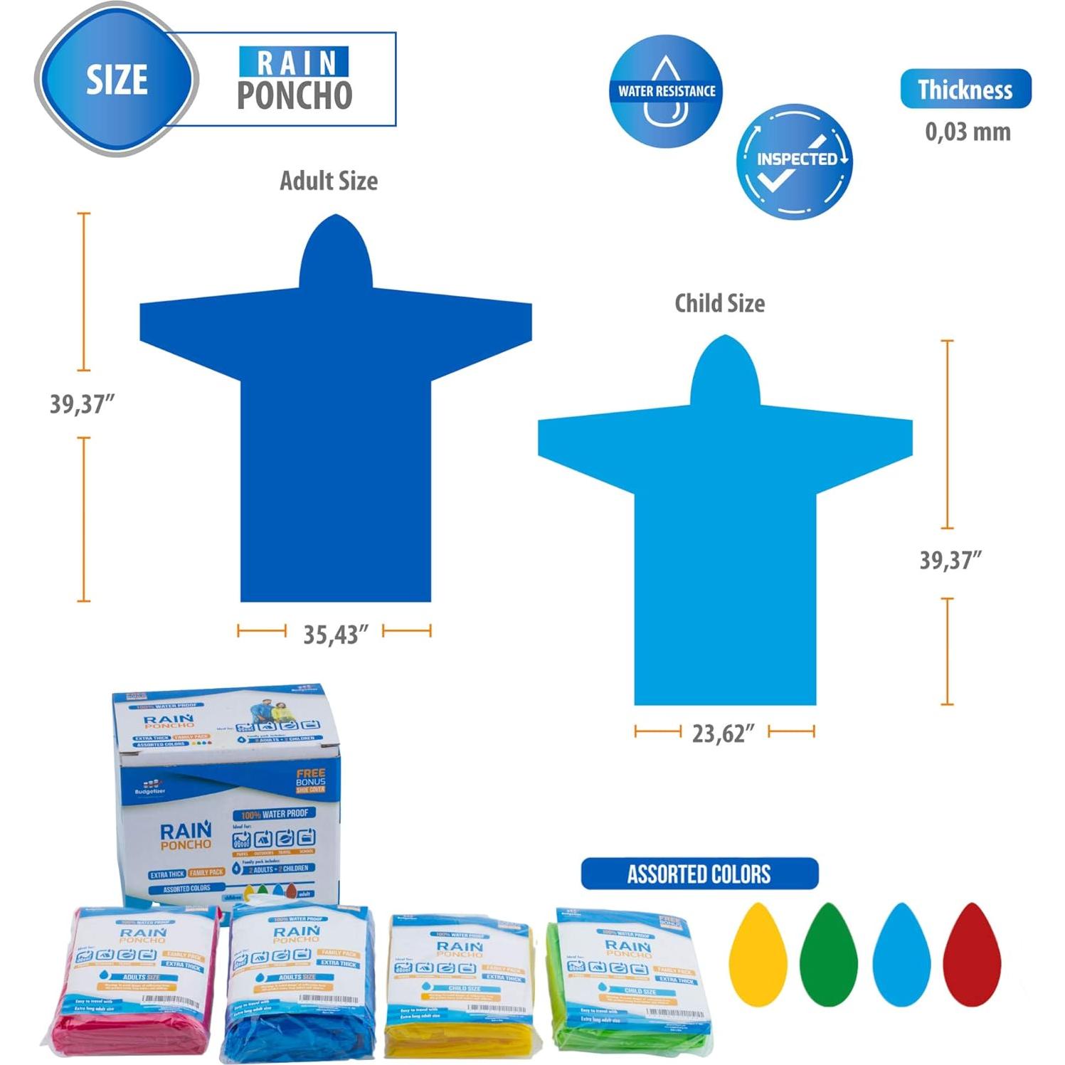 Ponchos de Lluvia Budgetizer Extra Gruesos - Paquete Familiar 4 Unidades