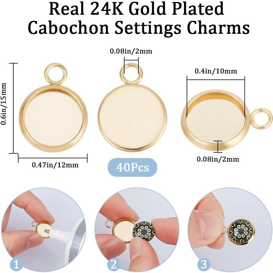 Beebeecraft 40Pcs Cabochón 10mm Acero Inoxidable Baño Oro 24K