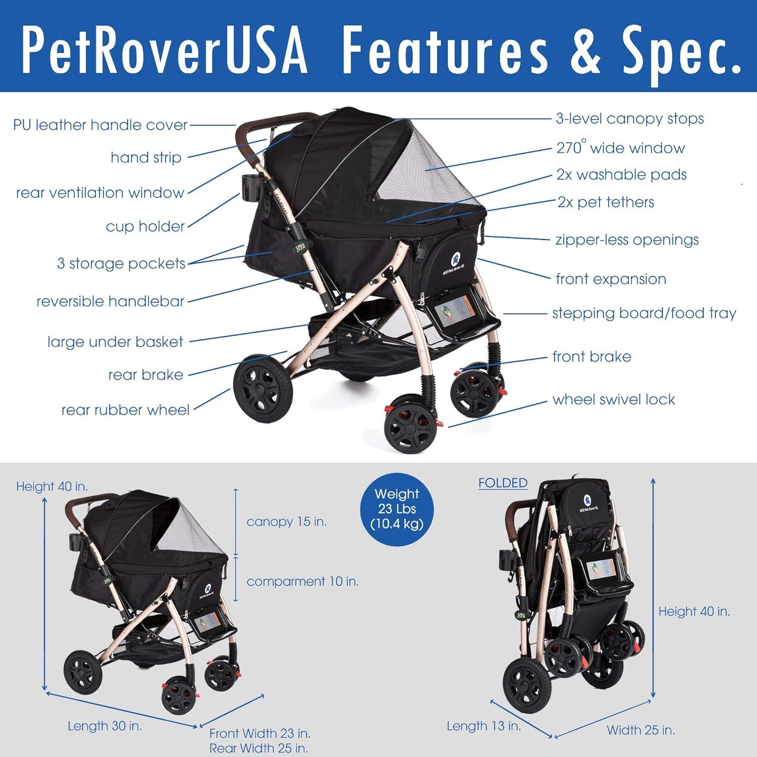 Carro de Paseo para Mascotas HPZ Pet Rover XL Negro 2ª Generación