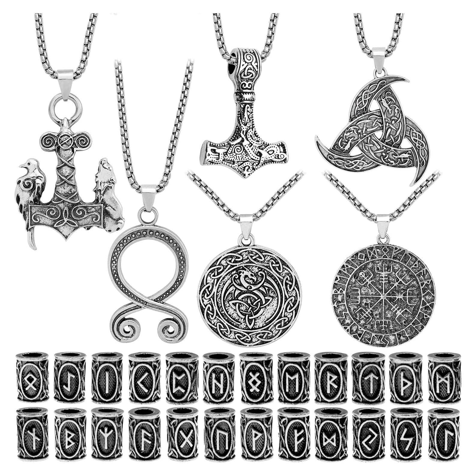 30 Piezas Collares Vikingos Fscwlmon con Runas y Martillo de Thor