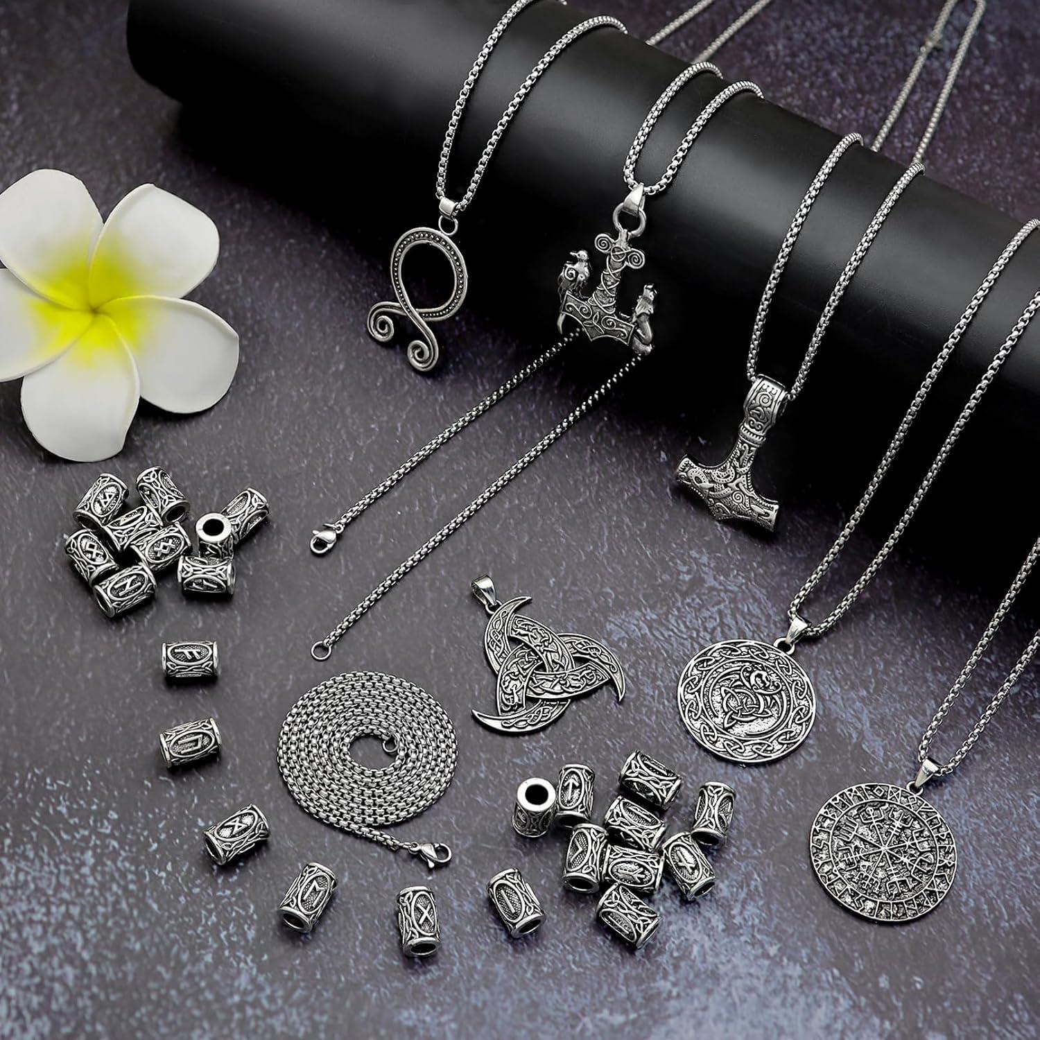 30 Piezas Collares Vikingos Fscwlmon con Runas y Martillo de Thor