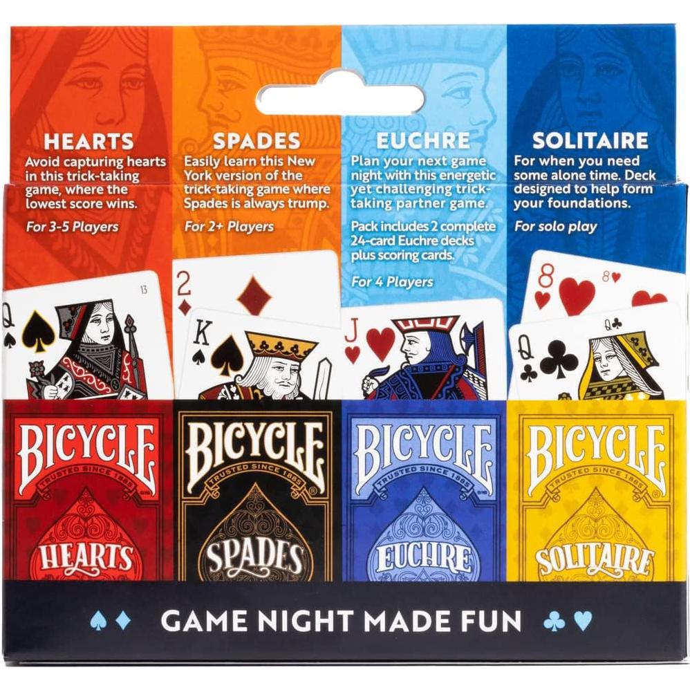 Paquete de 4 Juegos de Cartas Bicicleta: Euchre, Corazones, Espadas y Solitario