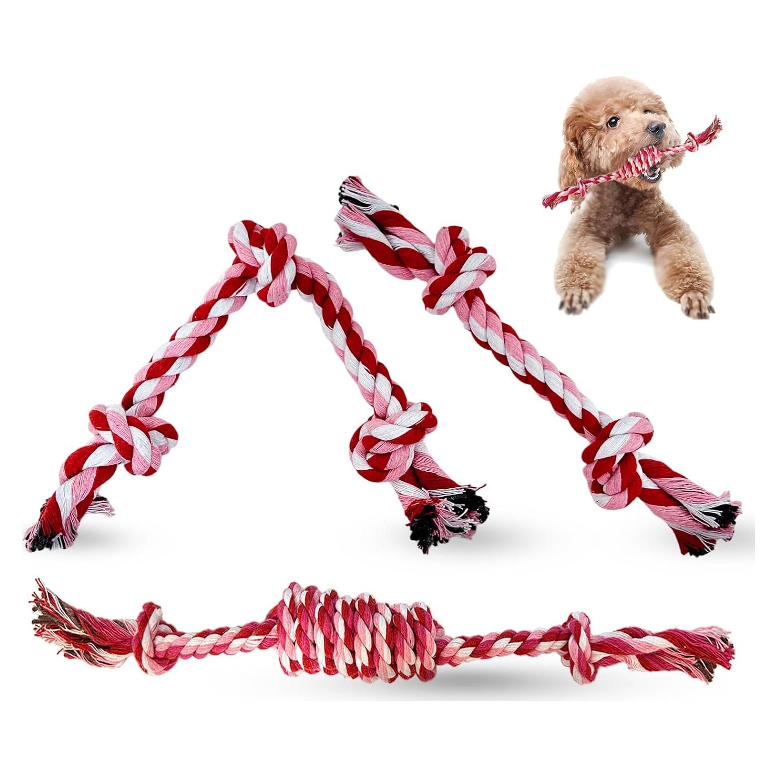 Puppy 3 Pack Cotton Knot Rope Toys for Small Dogs & Puppies, Durable Teething & Tug of War Chew Toy, Safe Interactive Toy for 2-8 Months Pets and High Active Puppy (Pink, Small)