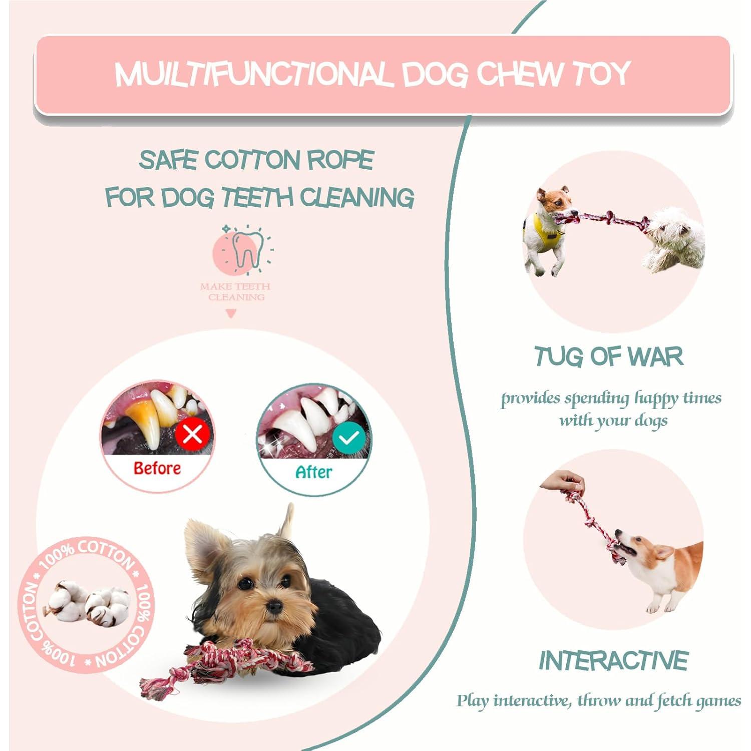 Puppy 3 Pack Cotton Knot Rope Toys for Small Dogs & Puppies, Durable Teething & Tug of War Chew Toy, Safe Interactive Toy for 2-8 Months Pets and High Active Puppy (Pink, Small)