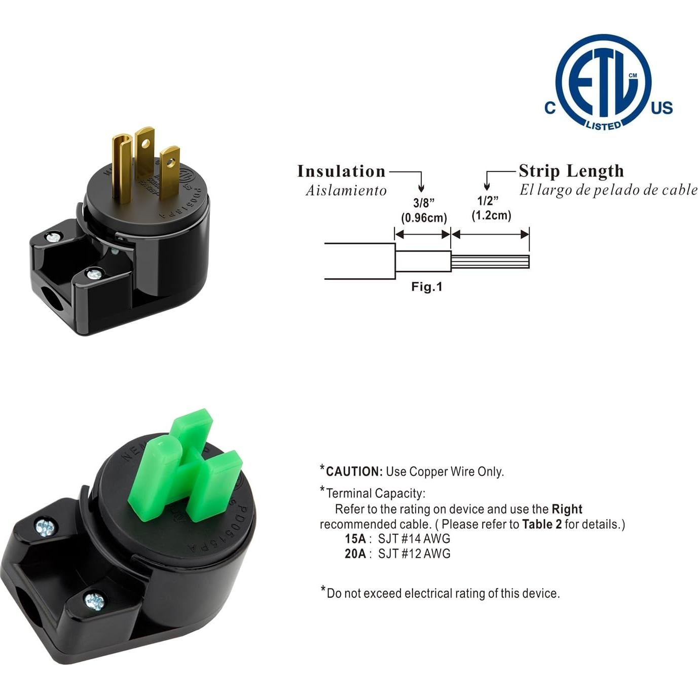Enchufe en Ángulo Recto Nema 5-15P PluGrand 15A 125V Negro